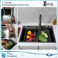 Itto IT-K75458 Multifunctional Kitchen Sink Black Embossed Nano Silver Single Bowl Topmount Stainles