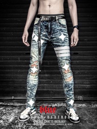 กางเกงยีนส์ฟอกคาดแถบหนังแต่งดาว Holdem Denim style
