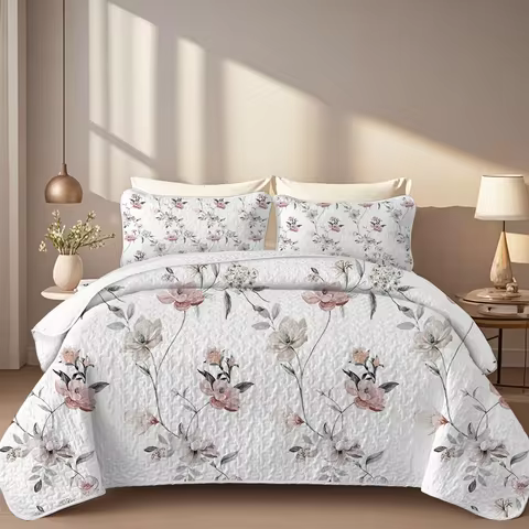 2/3-Pcs Floral Printed Quilt Set, Cal King, Durable, Breathable and Unique Summer Bedding Set, Inclu
