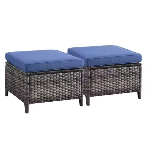 Luxury Outdoor Wicker Patio Ottomans Set of 2, 250 lbs Capacity Rattan Large Ottomans for Patio Foot