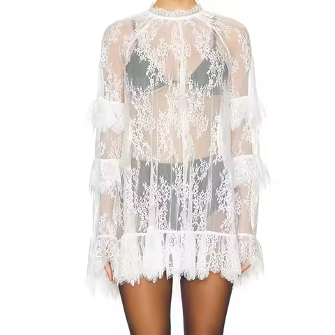 Luxury Women Lace Tierred Mini Dress Long Sleeve Embroidery Crew Neck Sheer Dress Cocktail Dress Fal