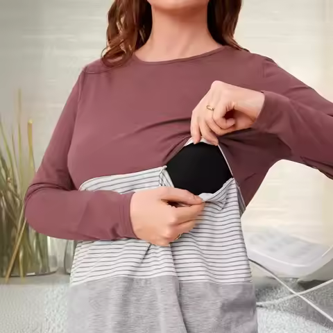 Women's Maternity Essentials Nursing T-Shirt Classic Long Sleeve Breastfeeding Pregnancy Top for Mom