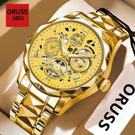Oruss Chính Hãng Nam đa giác Hollow bằng thép không gỉ sang trọng vàng đồng hồ chống nước lịch dạ qu