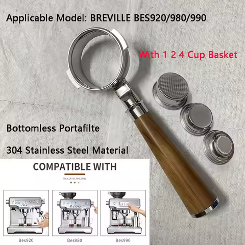 58mm Bottomless Portafilter With 1 2 4 Cup Basket For Breville BES920/980/990 Stainless Steel Naked 