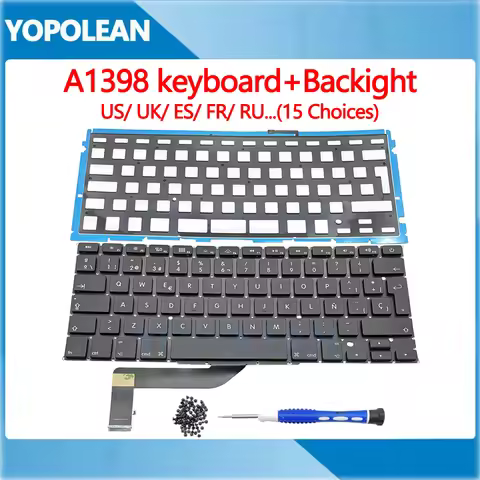 New Laptop Keyboard with Backlight For Macbook Pro Retina 15" A1398 US UK Russian Spain French 2012 