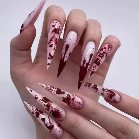 24PCS Long Drop-Shape Nail Tips with Blood Drip Pattern Glossy Finish Artificial Nails Halloween Whi