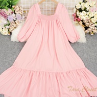 [ส่งเร็วพิเศษ!] PE055 TARA Dress Big Size เดรสคอเหลี่ยม แขนสามส่วน แต่งสม็อกที่อก ระบายชาย ผ้าไหมอิต