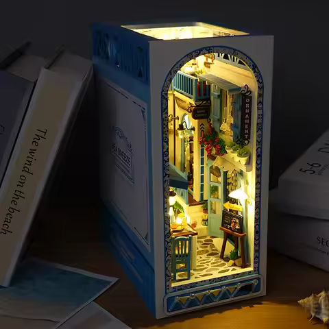 Romantic Sea Breeze Casa DIY Wooden Book Nook Figurines Miniature Kits Bookshelf Home Bookend Decora