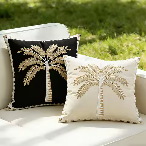 Embroidered Coconut Tree Throw Pillow Covers for Spring and Summer Retro Farmhouse Floral Cushion Ca