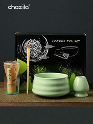 4入組茶道禮盒套裝，傳統的竹製抹茶套裝，包括抹茶打蛋器（茶筅）、傳統的舀茶匙（茶杓）、茶筅座、茶碗