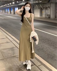 Váy body 2 dây xoè dáng dài/ Đầm ba lỗ dáng ôm 2 màu đen nâu phong cách Hàn Quốc KUDOSHOP