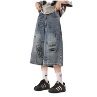 Graffiti Denim Shorts Women Summer Thin Loose Casual 7-point Cropped Pants Small Straight Wide-leg 5
