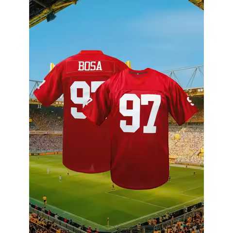 Men's Retro #97 Red Mesh Football Jersey Breathable V-Neck Short Sleeve Embroidered Sports Shirt for