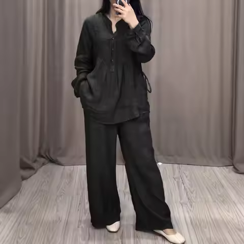 Oversized Loose Women's Sets Two 2 Pieces Sale Casual Button Long Sleeve Lace Up Blouse&Wide Leg Tro
