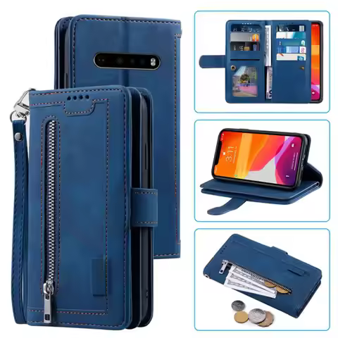 9 Cards Wallet Case For LG V60 ThinQ 5G Case Card Slot Zipper Flip Folio with Wrist Strap Carnival F