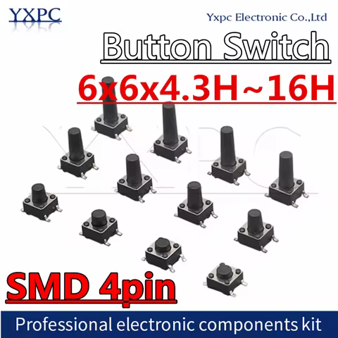 50pcs SMD 4pin Tactile Push Button Switch ON/OFF keys 6*6*12mm 6*6*6mm 6x6x 6/7/8/9/10/11/12/13/14/1