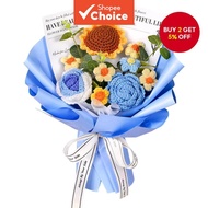 Crochet Floral Bouquet, Knitted Blue Sunflower Rose Daisy Bouquet For Mothers Fathers Day Graduation