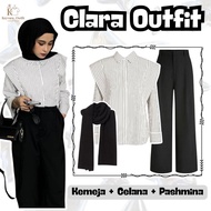 KEMEJA One Set for Women Korean Style (Pasmina Jersey, Striped Shirt, Knit Pants) Formal Outfit, Tre