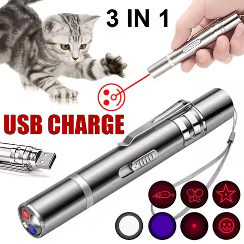 USB Rechargeable Cat Laser Pointer with 3 Modes 5 Patterns Lazer Projection Pen Red Dot LED Light Po