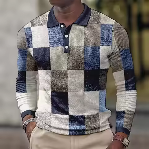 Retro Style Men Clothes 3D Digital Print Casual Polo Shirt Men Sport Long Sleeve Spring Autumn Lapel