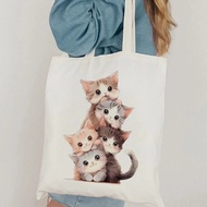Cute Cat Print Tote Bag Library Book Bag Booktrovert Tote Bag Makeup Bag Book Lover Tote Bag Canvas 