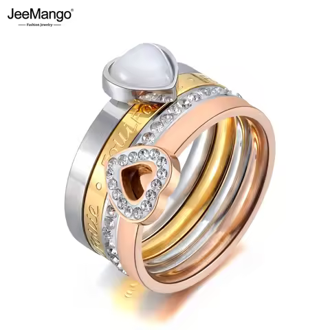 JeeMango Trendy Titanium Stainless Steel Fine Ring Jewelry White Heart Opals & Rhinestone Bridal Wed