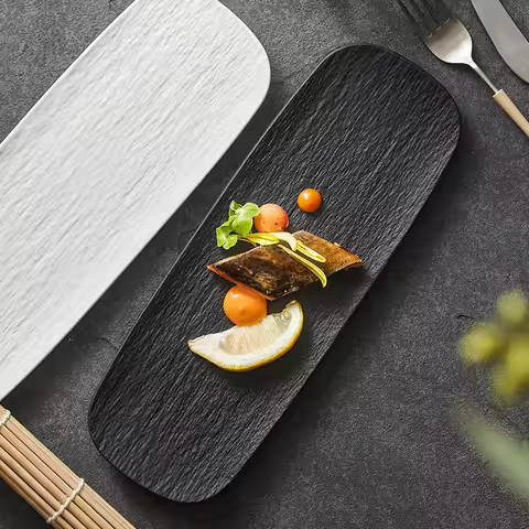 Black and White Frosted Rectangular Plate Ceramic Long Bar Dim Sum Western Food Plate Japanese Creat