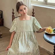 LMoss Tween Girls' Solid Color Square Neck Bishop Sleeve Form-Fitting Casual Dress Sisters Outfit,Su