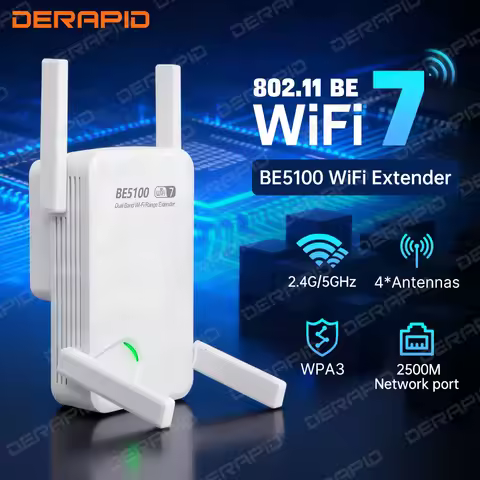 WiFi 7 5100Mbps Wi-Fi Range Extender 2.4G/5G Repeater with 4 * Antennas EU US Plug WiFi Signal Boost
