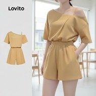 Lovito Jumpsuit Wanita Santai Bahu Dingin Musim Semi/Panas Khaki untuk Wanita L142LD481