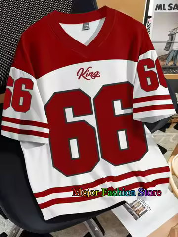 Summer New Retro No.66 Printed T-shirts For Women V-neck Short Sleeve Sports Football Jersey Y2K Loo