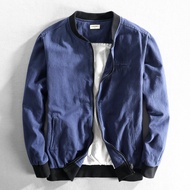 Clearance Baseball Collar Kasual Cotton Linen Jaket Lelaki Loose Fit Youth Dicuci Warna Pejal Zip Fa