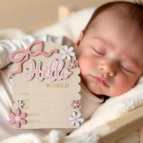 Newborn Baby "Hello World" Sign, "She's Here" Card, Creative Newborn Birth Announcement, Newborn Pho