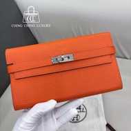 🌈Hermes🧡Kelly Wallet🧡橙色銀扣🌟99.5新🌟山羊皮🌟長銀包🌟