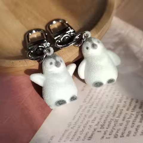 Resin Cute Fluffy Penguin Animal Keychains Creative Funny Flocking Lovely 3D Pet Pendant Bag Earphon