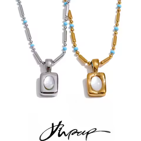 Yhpup Stainless Steel Shell Rectangle Pendant Necklace Daily Fashion Attractive Collar Daily Jewelry