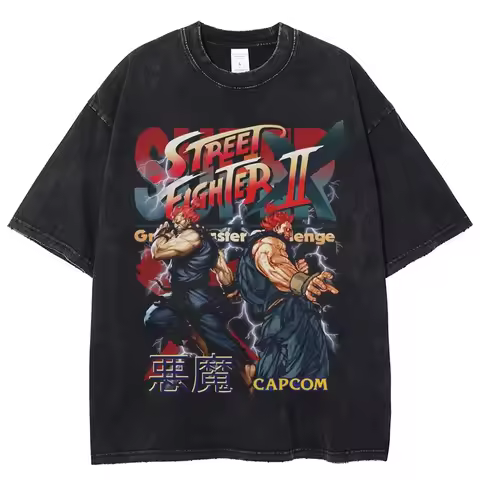 Mens Vintage Washed T Shirt Akuma Street Fighter Game Short Sleeve O-Neck Harajuku T-shirt Hip Hop S