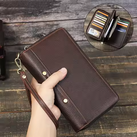 CONTACT'S Men Clutch Bag Genuine Leather Male Long Wallets Multi Card Holder Double Zipper Large Wal