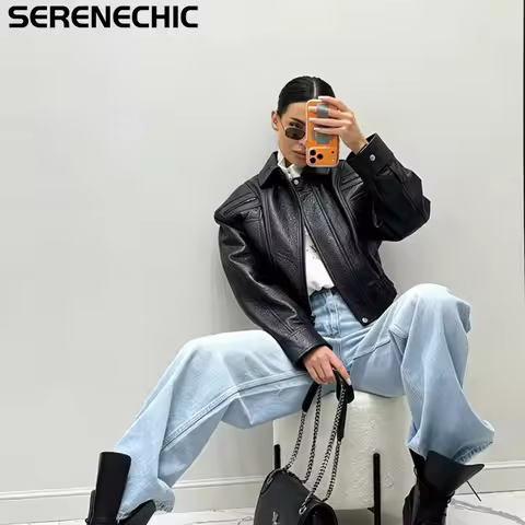 SERENECHIC Textured PU Aviator Coat with Elastic Hem Women's Black Faux Leather Cropped Bomber Jacke