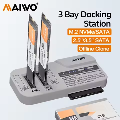 MAIWO 3 Bay Docking Station M.2 NVMe SATA SSD Case & 2.5 3.5 Inch SATA HDD Enclosure Support 30TB/8T