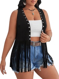 Women's Plus Size Studded Fringe Trim Open Front Sleeveless Faux Suede Vest Jacket