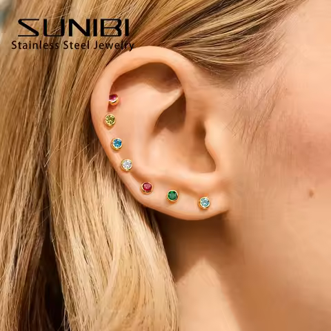 316 Stainless Steel Birthstone Earrings Pierced Gold Color Push-Pull Earrings Simple Fashion Ladies