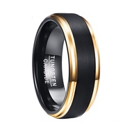 BONLAVIE Mens Black Authentic Tungsten Carbide Ring 8mm Gold Plated Beveled Edge Brushed Finish