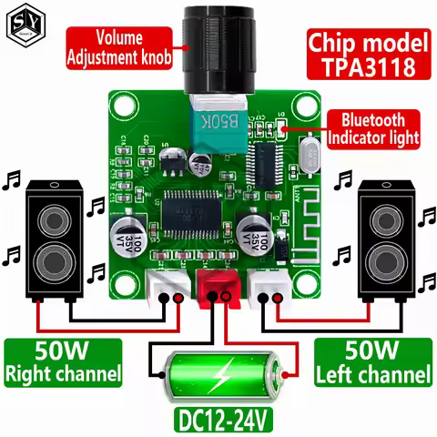 XH-A414 DC12-24V 5.0 Bluetooth digital amplifier board 50W+50W onboard TPA3118D2 amplifier chip 50K 