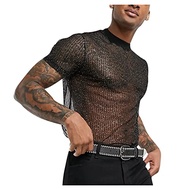 Mens See Through Sequins Shirt,Gay Mesh Hot Summer Clubwear Party Friday Night T-Shirt Lightweight S