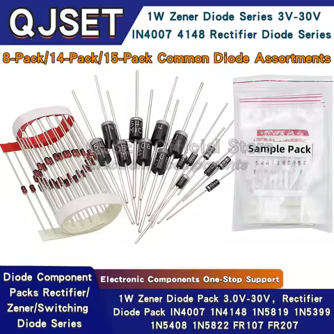 100/140/150pcs DIP Diode Set 1W 3V 3.3v 3.6v 3.9 4.3V-30V Zener Diode Pack IN5408 1N4007 1N4148 1N58