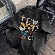 (24 Hours Shipping)Fanfei T-Shirt Over Size Letter Print Vintage Water Bleached Comfortable Street F