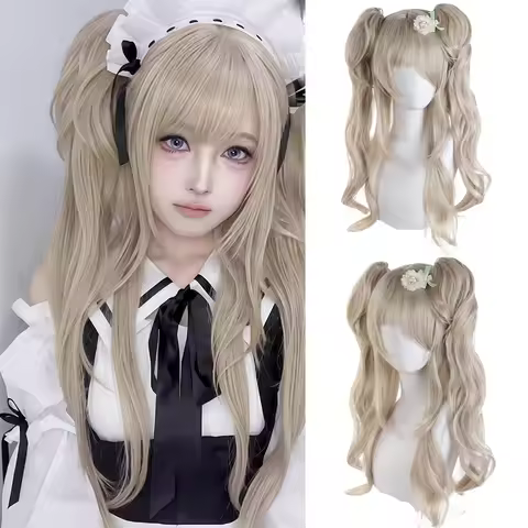 Synthetic platinum Lolita wig double ponytail natural curly wave female headgear wig long curly hair