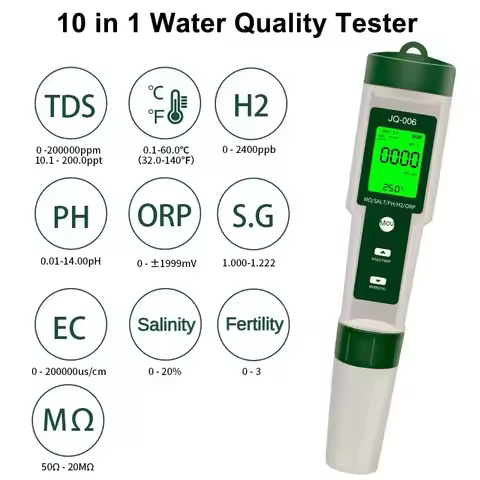10 in 1 Water Quality Tester PH/EC/TDS/ORP/H2/Fertile/Salinity/S.G/Resistivity/Temp PH Meter Tester