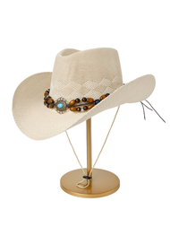 1頂牛仔帽西部風格帶寬邊邊捲卷的邊緣，爵士帽，女士用遮陽帽，透氣防UV戶外攀岩帽，男女均可用，英國頂式波西米亞牛仔帽牛仔女帽